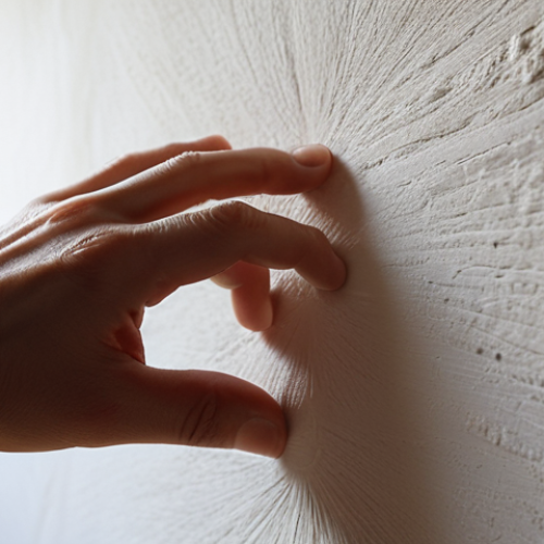 **Prompt:** A close-up of a hand gently touching a smooth, cool white *shikkui* (Japanese plaster) wall in a traditional Japanese *machiya*. Soft natural light filters through, highlighting the subtle texture and the sense of calm, cool comfort. The background subtly shows a glimpse of wooden elements or tatami.