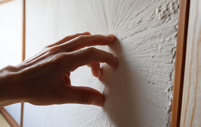 **Prompt:** A close-up of a hand gently touching a smooth, cool white *shikkui* (Japanese plaster) wall in a traditional Japanese *machiya*. Soft natural light filters through, highlighting the subtle texture and the sense of calm, cool comfort. The background subtly shows a glimpse of wooden elements or tatami.