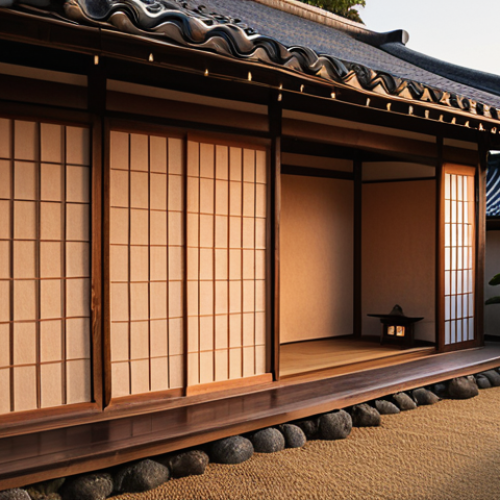 **Image of a traditional Japanese house with earthen walls (土壁).** Focus on the unique texture and color variations of the earthen walls, perhaps with the warm light of the setting sun reflecting off them. Show the warmth and peacefulness it brings to the house.
