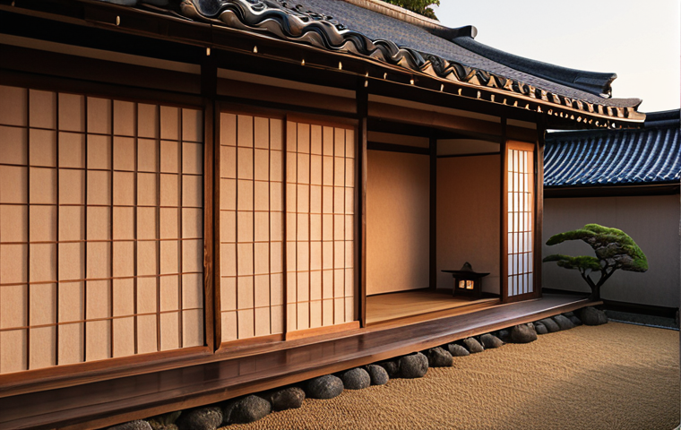 **Image of a traditional Japanese house with earthen walls (土壁).** Focus on the unique texture and color variations of the earthen walls, perhaps with the warm light of the setting sun reflecting off them. Show the warmth and peacefulness it brings to the house.